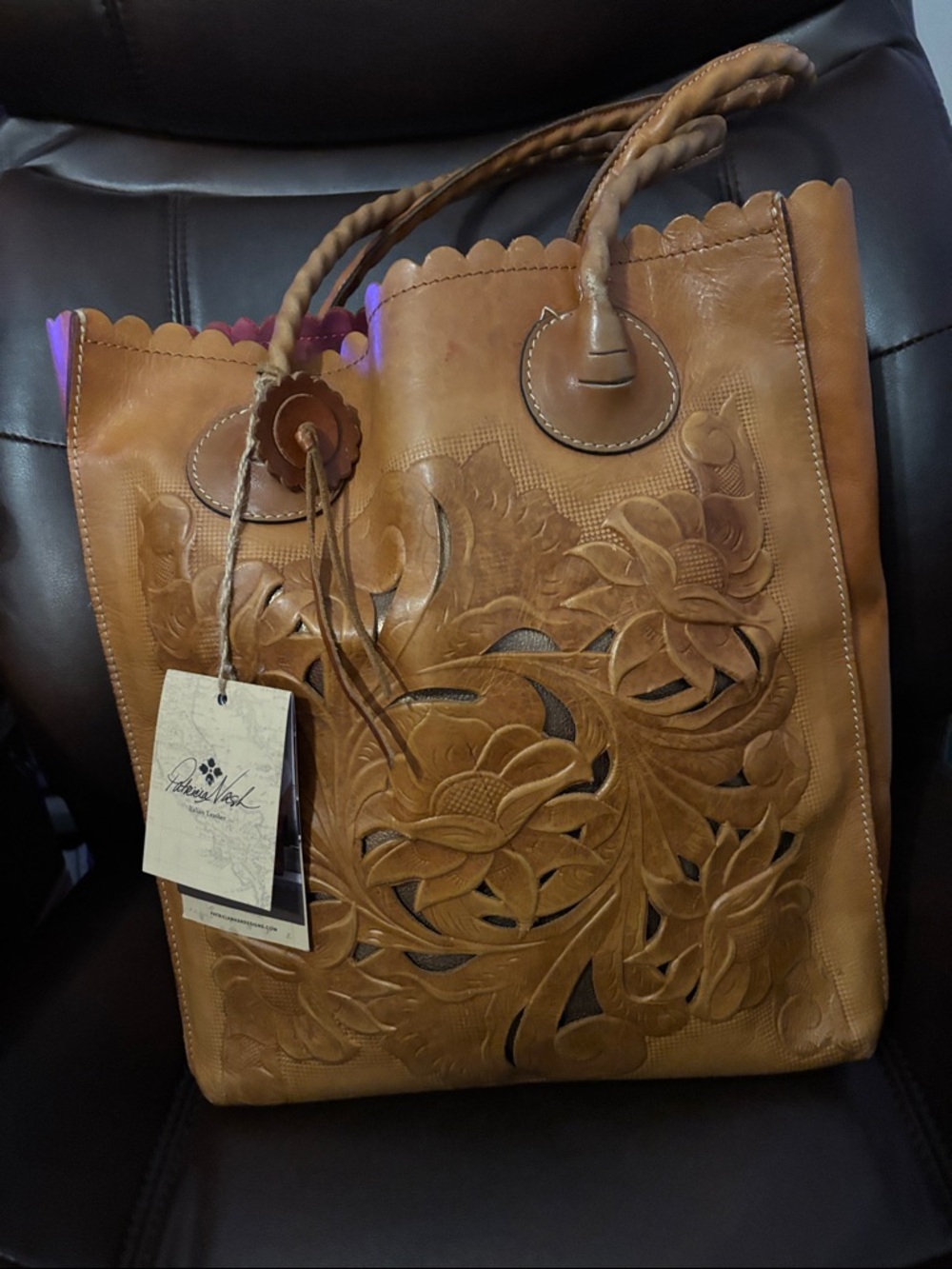 Patricia Nash Hand-Tooled Floral Leather Tote Bag in Tan